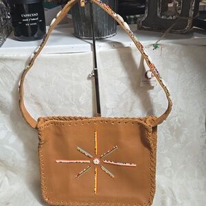 Annabelle Thom Embroidered BeadedTan Leather Shoulder Bag